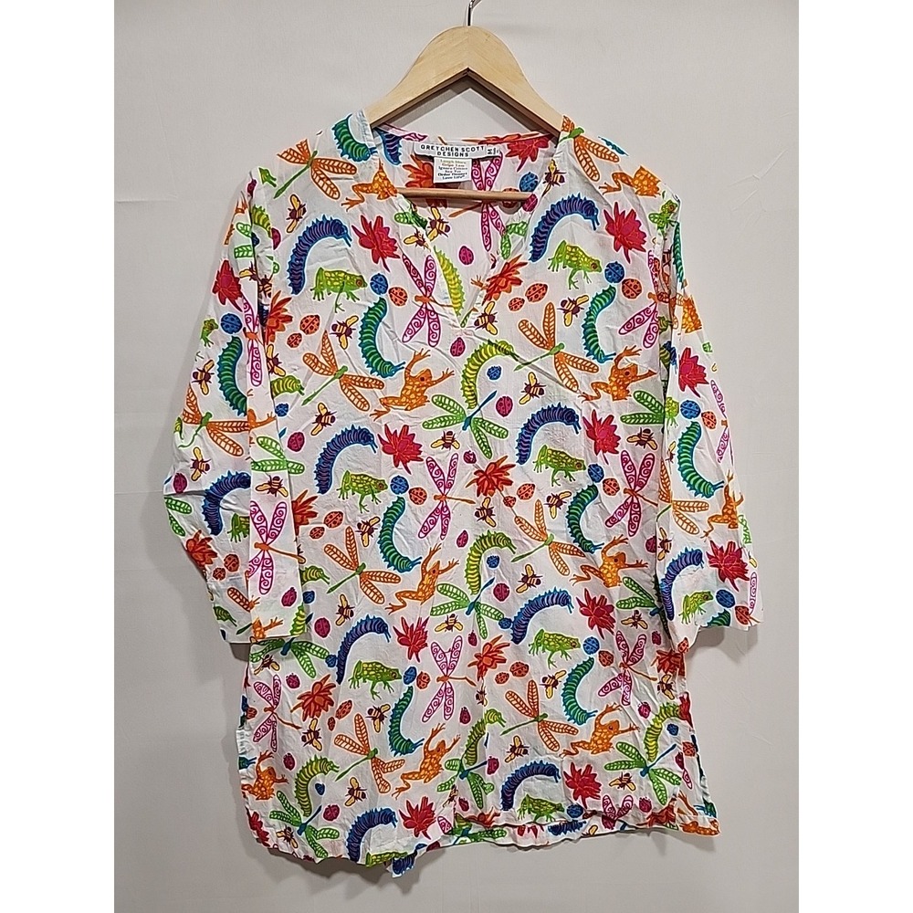 Gretchen Scott Tunic Coverup Dress Womens M White Bug Print 100% Cotton‎ V-Neck